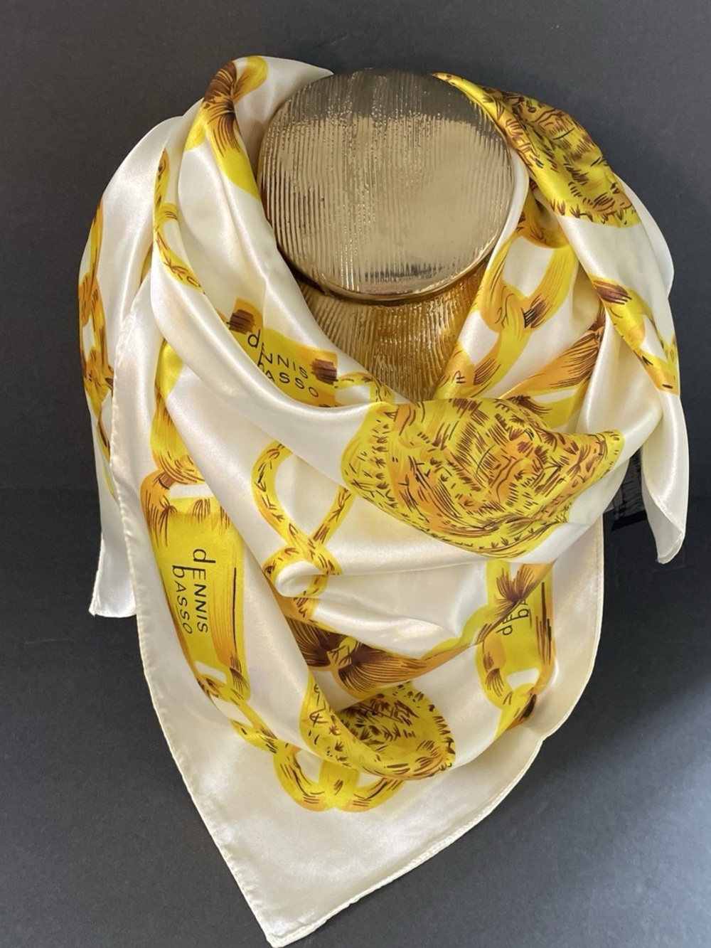 DENNIS BASSO White And Gold Chain Print Silk Scarf 36” x 36”NWOT